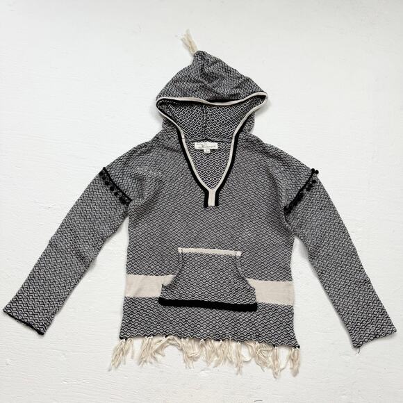 Vintage Havana Fringe Trim Baja Hoodie L Black Cream Patterned Pullover - Picture 1 of 7